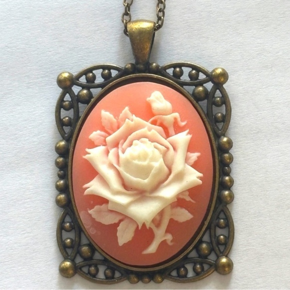 Pink and White Rose Victorian Style Cameo Necklace, Handmade, NWT